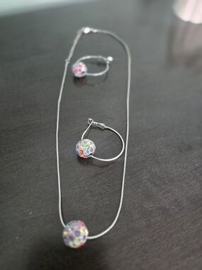 Multicolor Crystal Ball Pendant Necklace and Hoop Earring Set - Women Jewelry